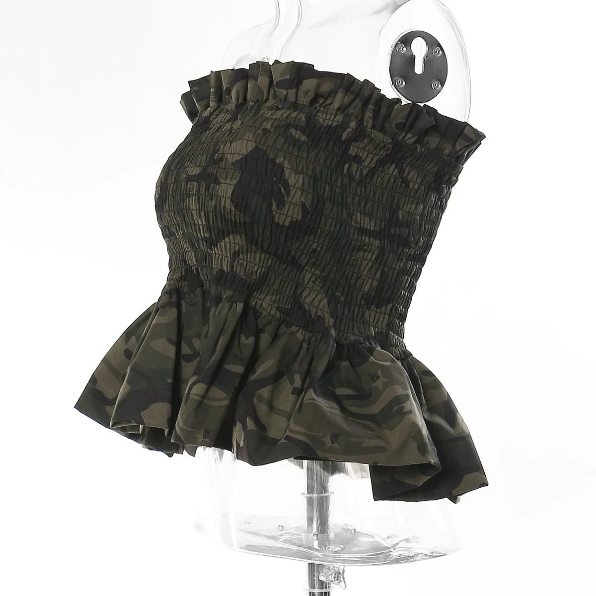 Pre Order:  Ruffled Camouflage Sleeveless Cropped Top