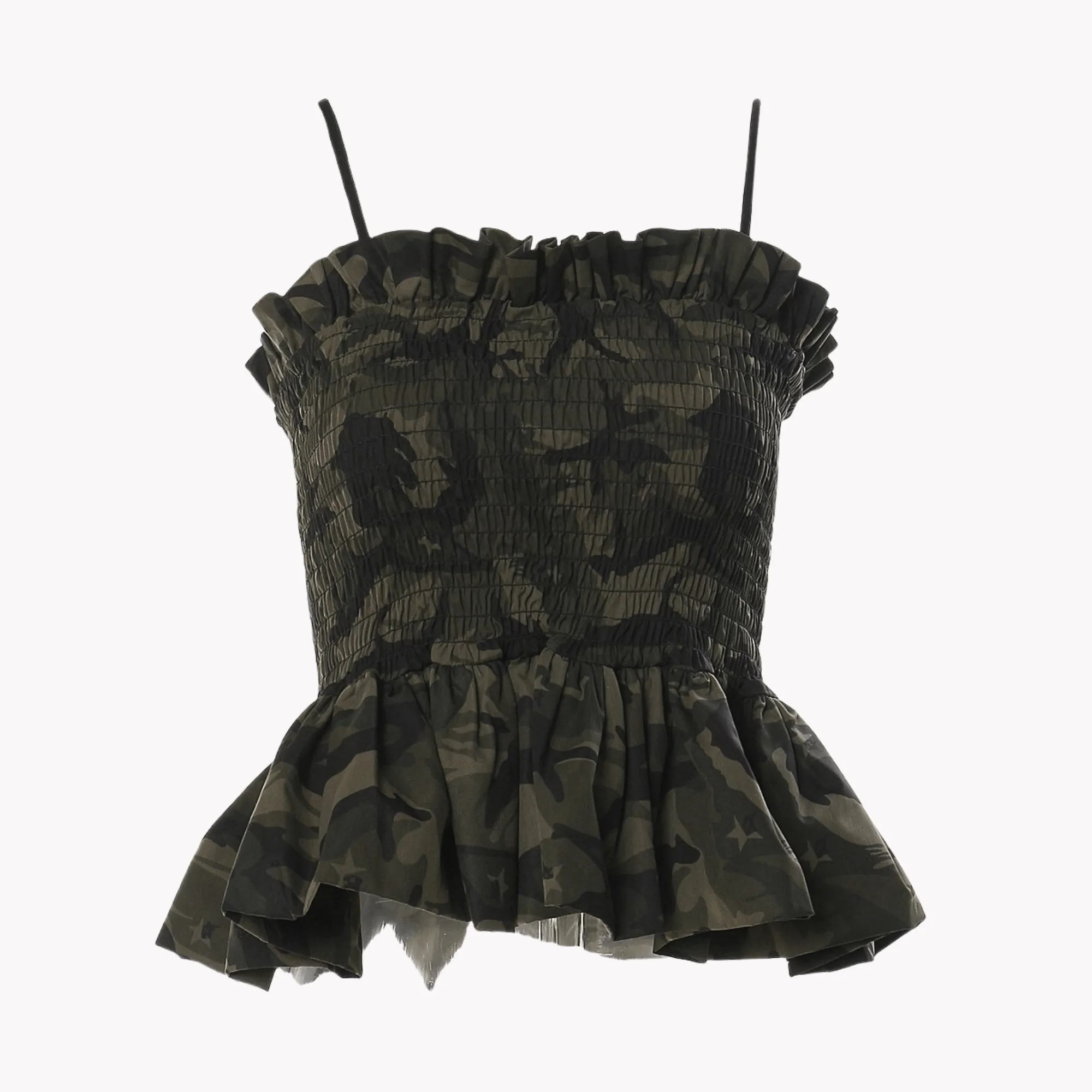 Pre Order:  Ruffled Camouflage Sleeveless Cropped Top