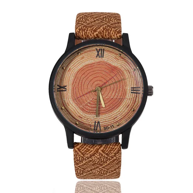 Retro Tree Rings Printed with Leather Strap Watch