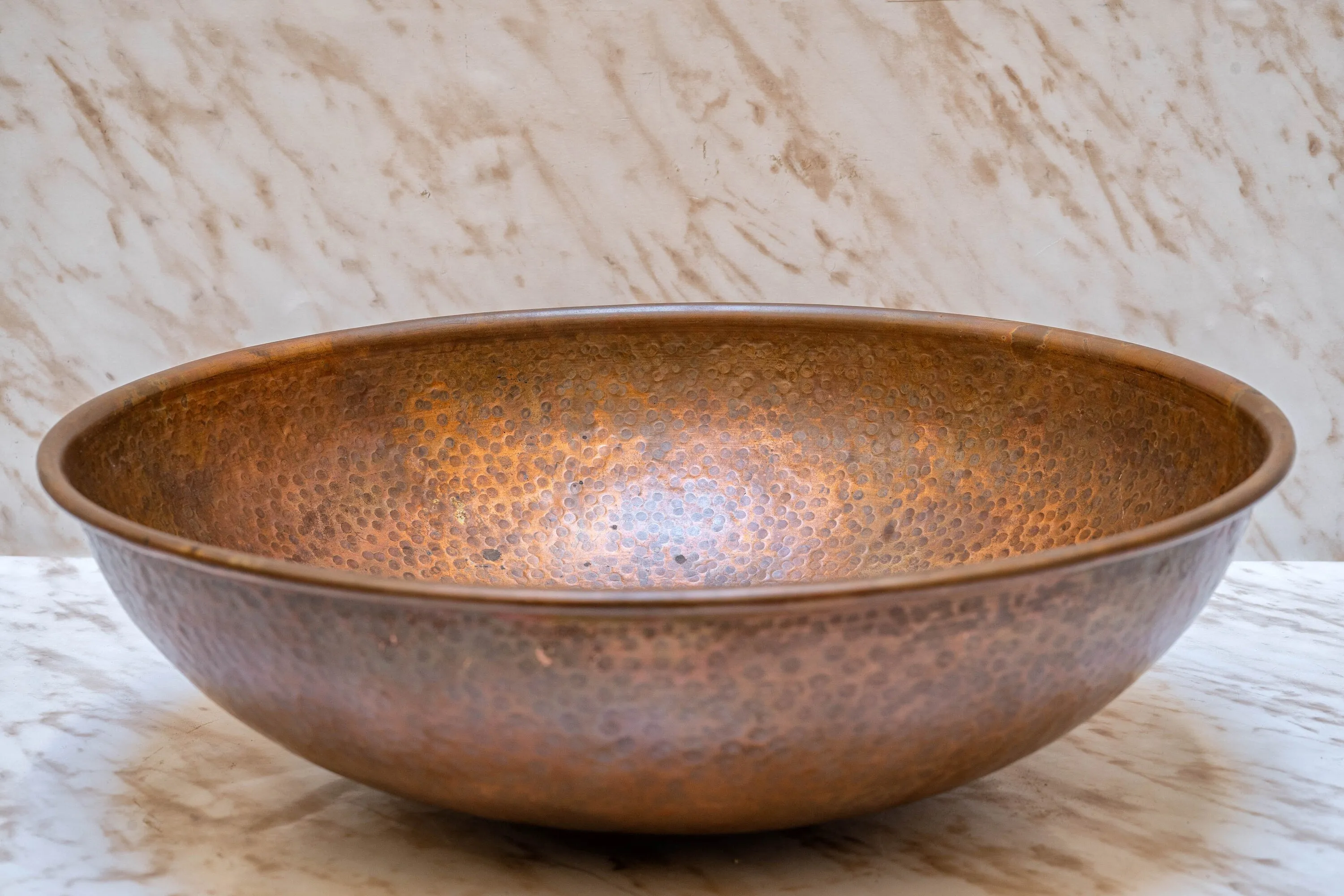 Round Aged Copper Vessel Sink Bathroom