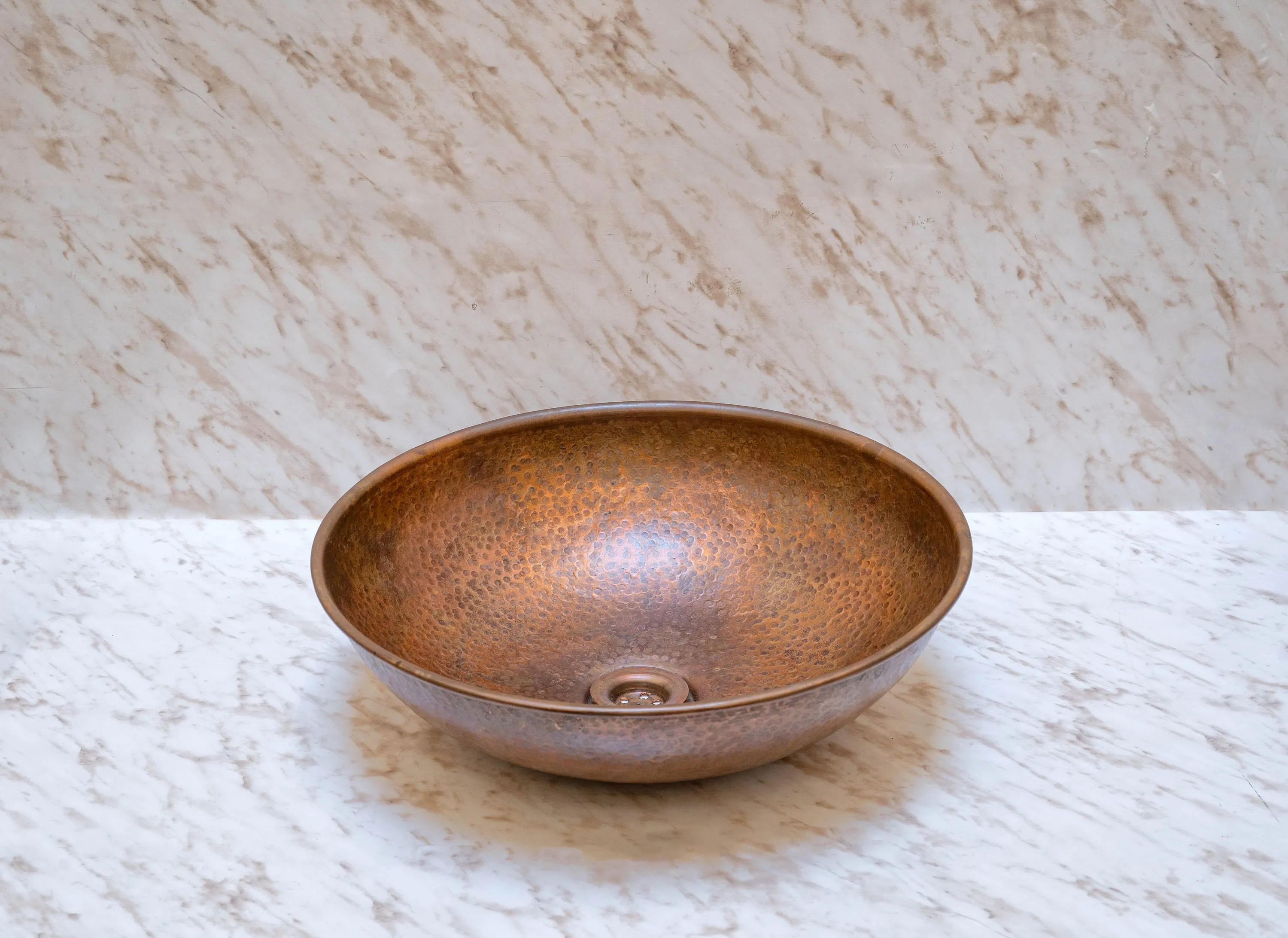 Round Aged Copper Vessel Sink Bathroom