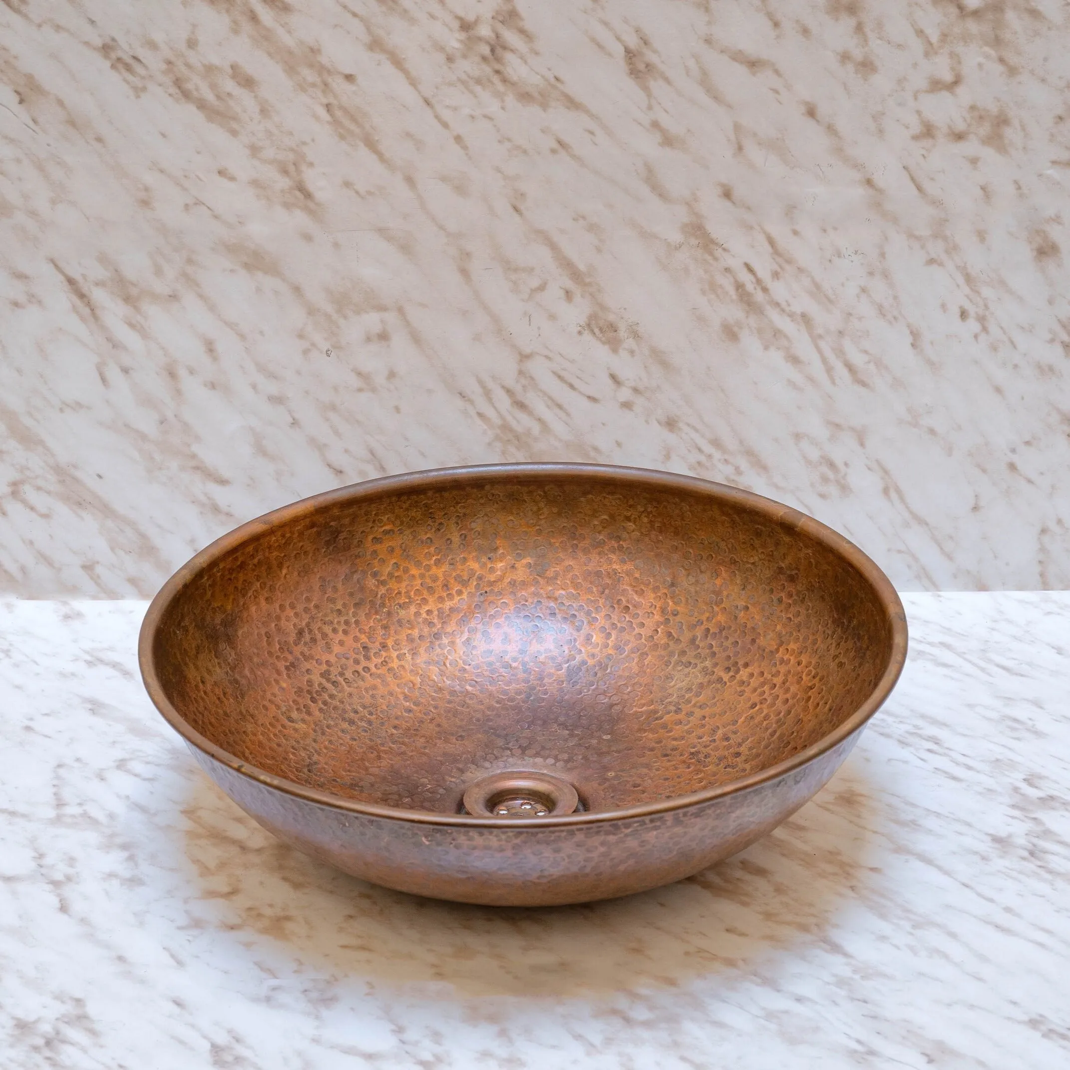 Round Aged Copper Vessel Sink Bathroom