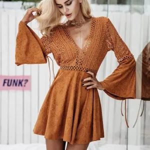 Sexy Suede Leather Lace Hollow Out Flare Sleeve Dress