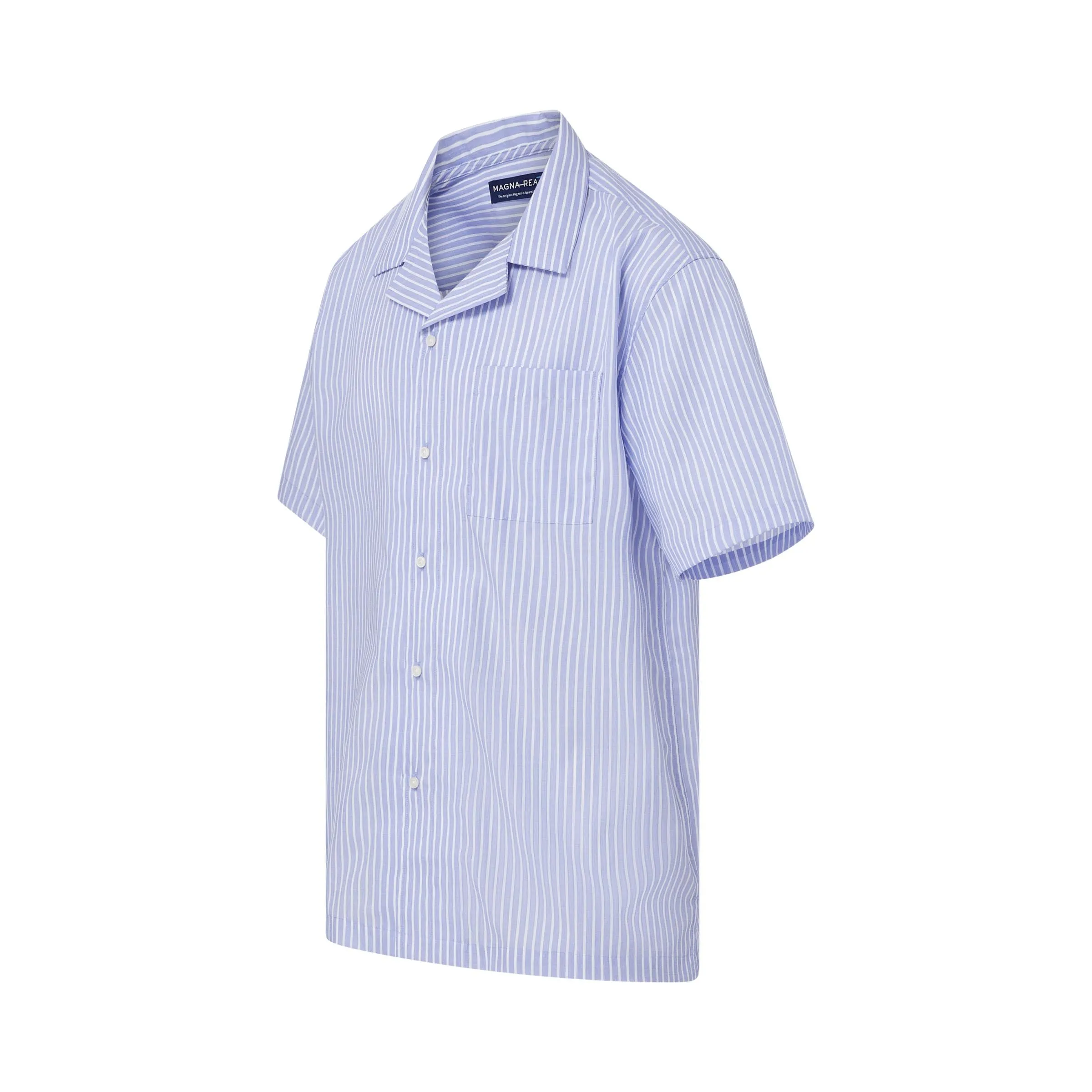 Short Sleeve Untucked Blue Stripe ‘Landry’ Camp Casual Shirt with Magnetic Closures