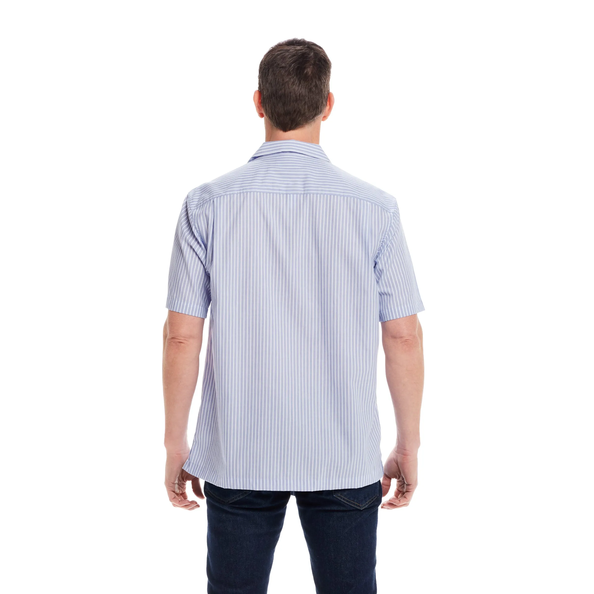 Short Sleeve Untucked Blue Stripe ‘Landry’ Camp Casual Shirt with Magnetic Closures