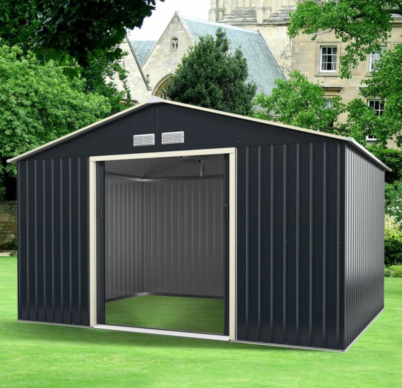 Super Duty 11x8 Ft Metal Storage Shed For Garden, Tools, | 2 Lockable Sliding Doors | Weather Resistant | 4 Air Vents | Slope Roof | Patio