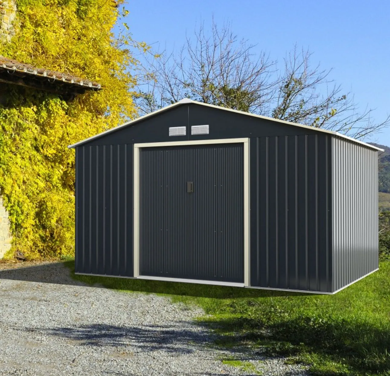 Super Duty 11x8 Ft Metal Storage Shed For Garden, Tools, | 2 Lockable Sliding Doors | Weather Resistant | 4 Air Vents | Slope Roof | Patio