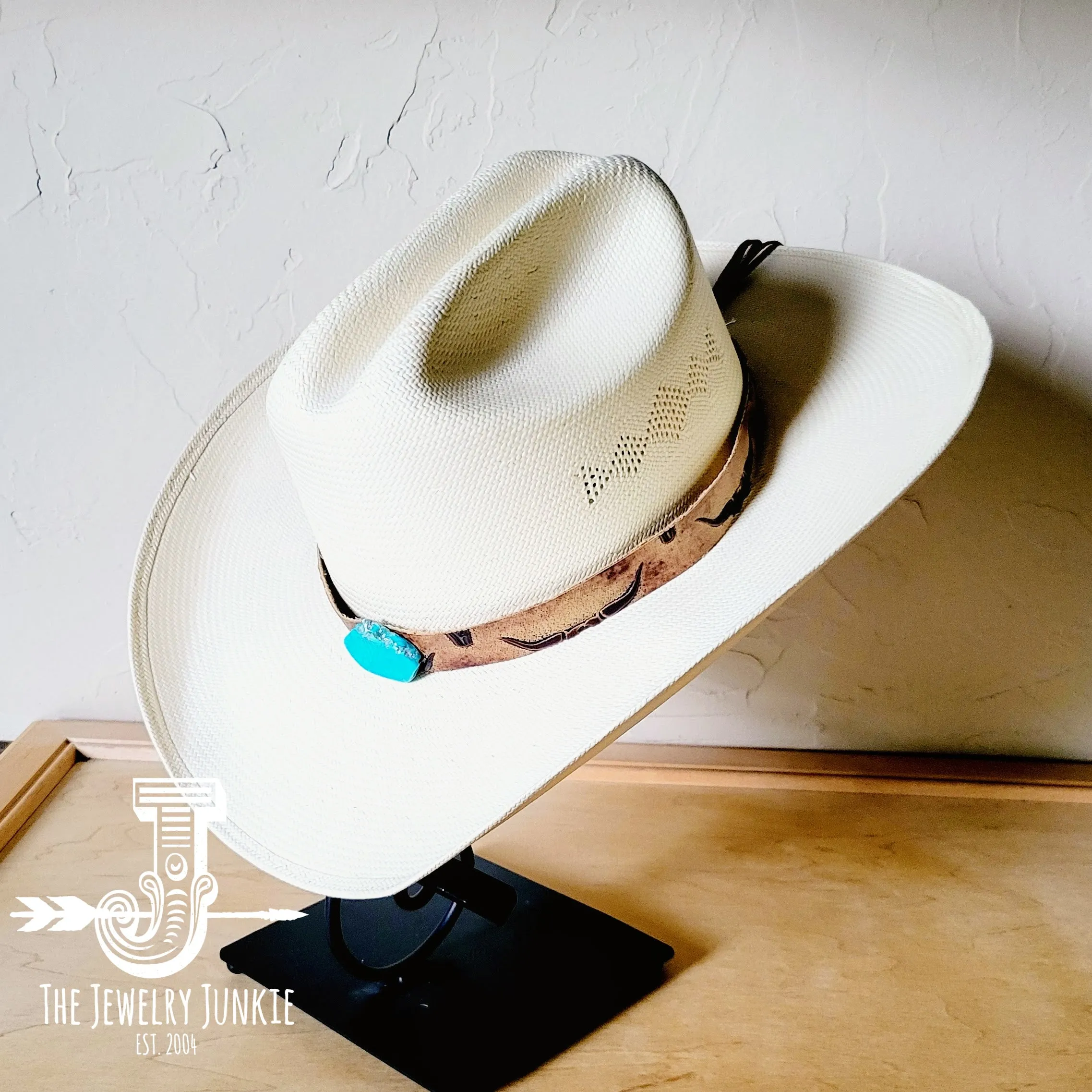 **Tan Steer Embossed Leather Hat Band Only w/ Turquoise 951uu