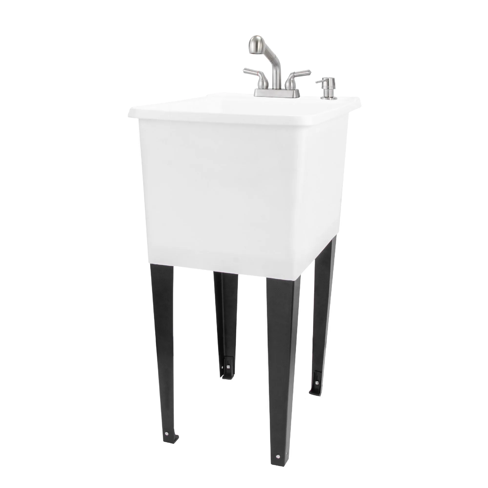 Tehila Space Saver Freestanding White Utility Sink with Stainless Steel Finish Pull-Out Faucet