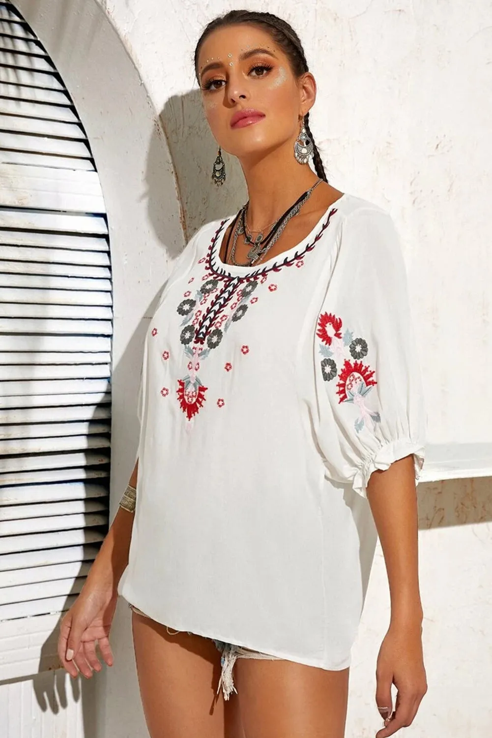 White Boho Embroidered Round Neck Half Sleeve Blouse