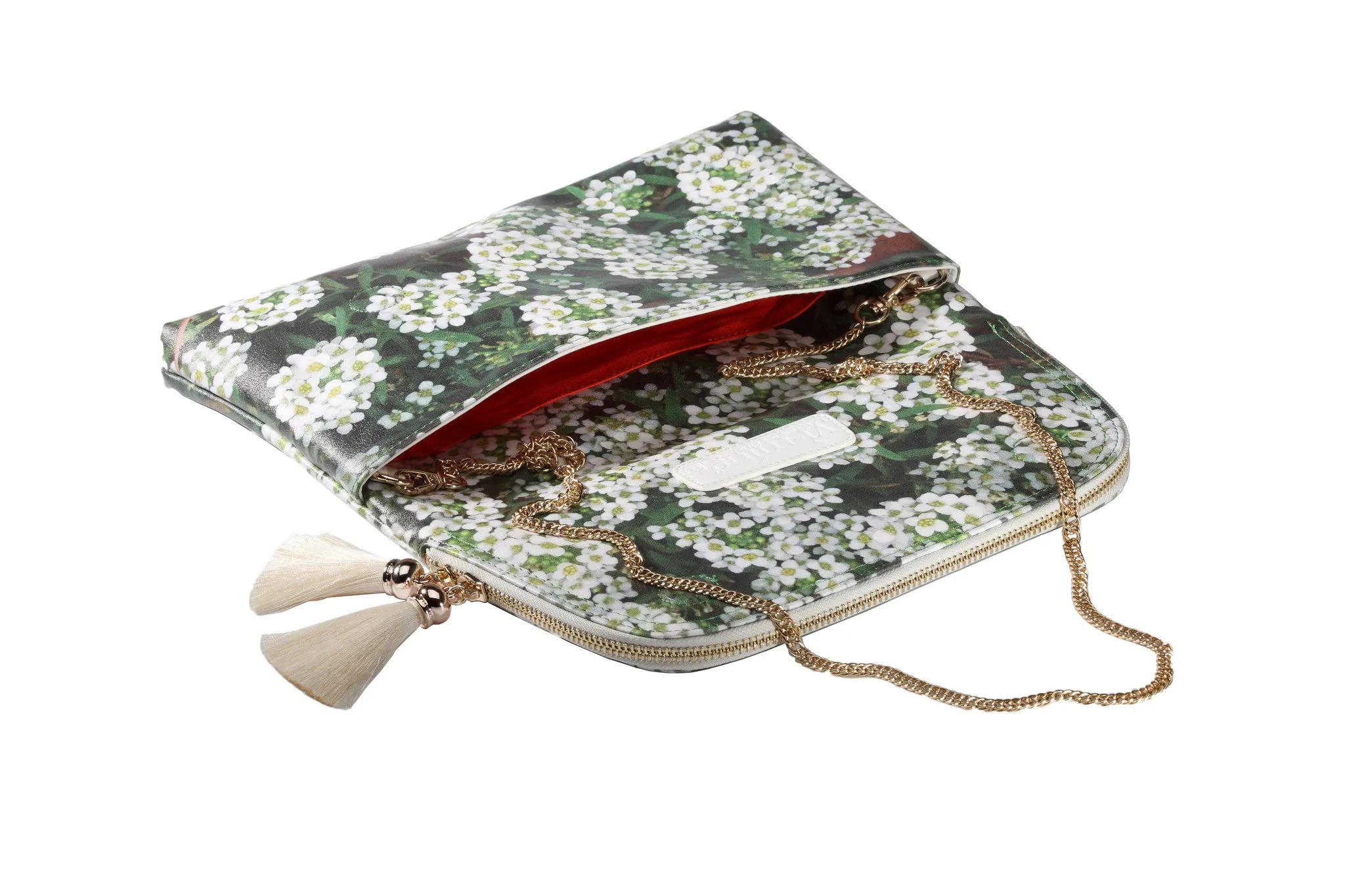 White Lobularia & Green Leaves Print Clutch