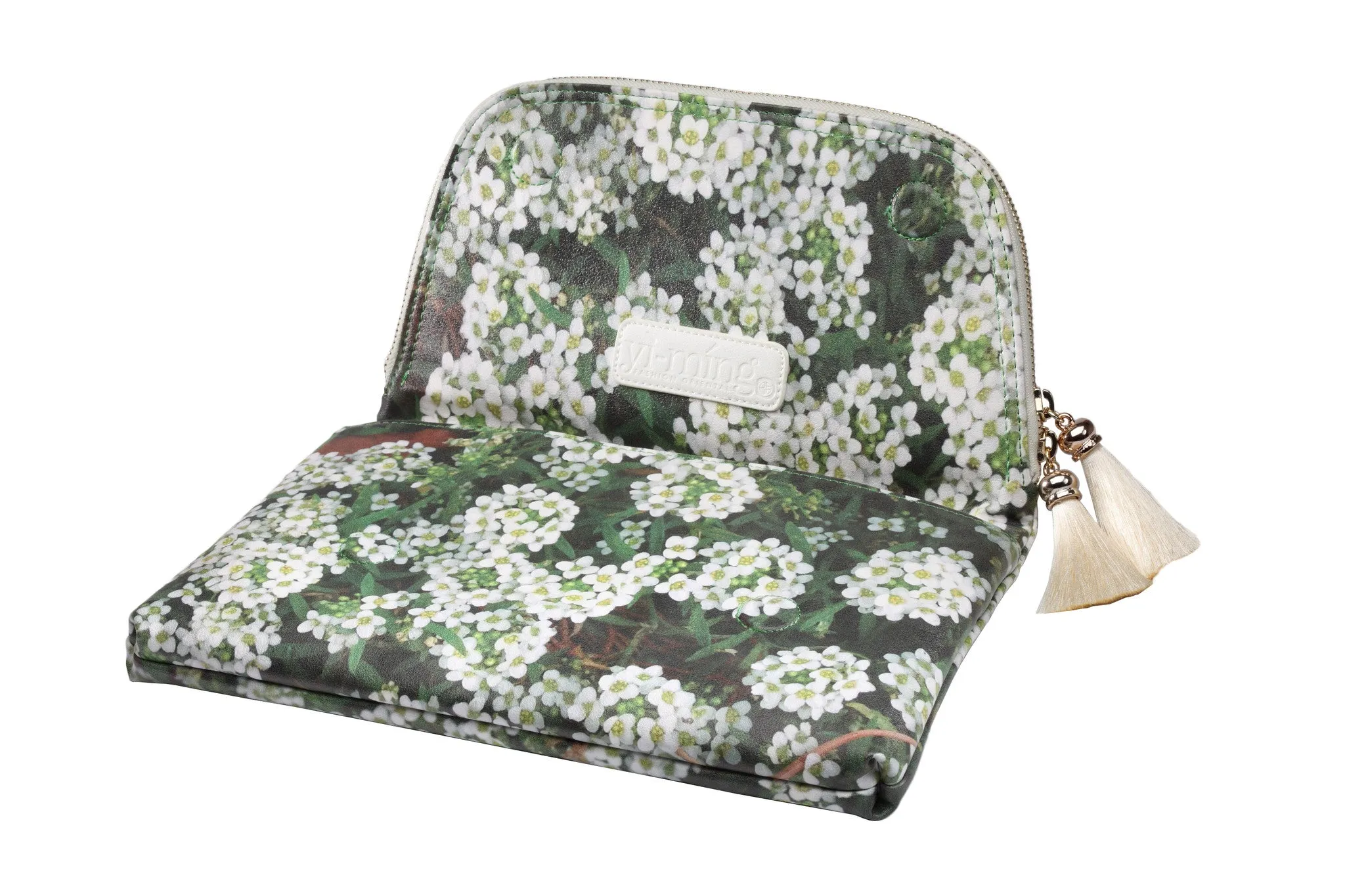 White Lobularia & Green Leaves Print Clutch