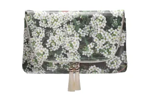 White Lobularia & Green Leaves Print Clutch