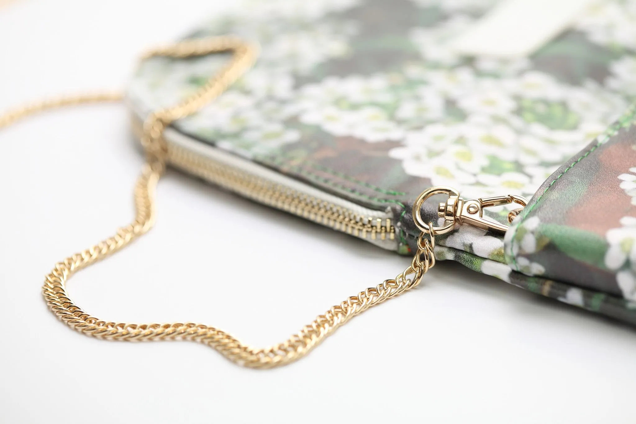 White Lobularia & Green Leaves Print Clutch