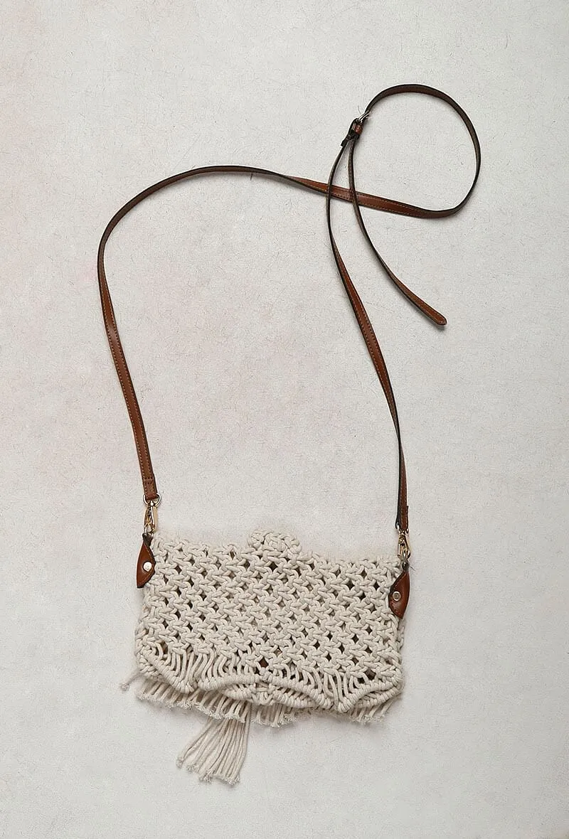 White Sling Macrame Bag With Jaccaurd and Cruelty Free Leather Pouch