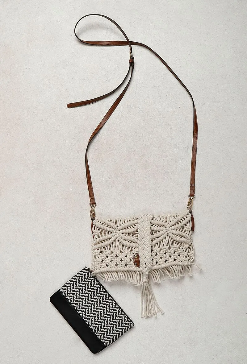 White Sling Macrame Bag With Jaccaurd and Cruelty Free Leather Pouch