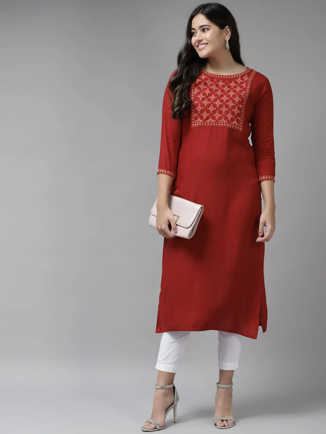 Women Red Rayon Kurta