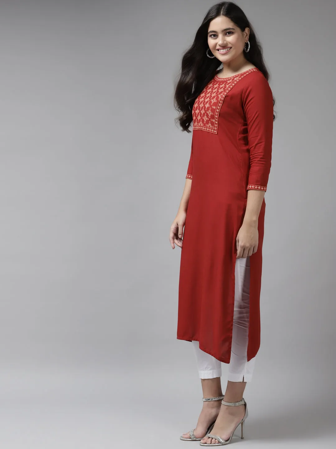 Women Red Rayon Kurta