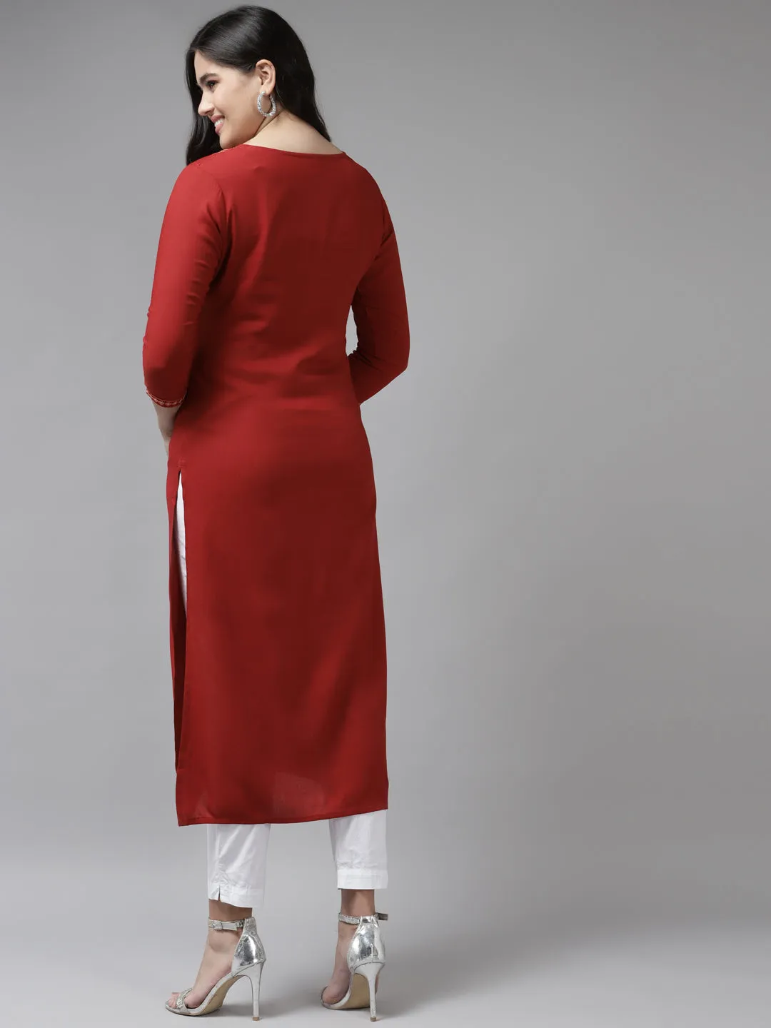 Women Red Rayon Kurta