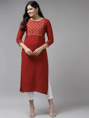 Women Red Rayon Kurta