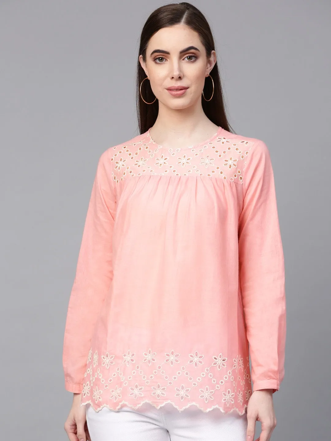 Women'S Pink Embroidered Detail Top