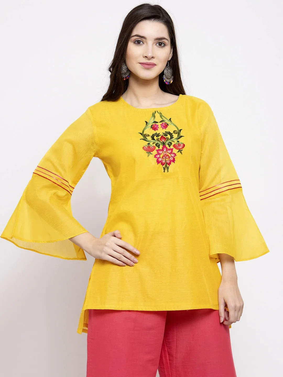 Women'S Yellow Embroidered Detail Tunic